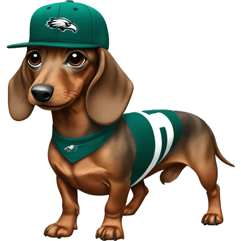 Miniature Brindle Dachshund wearing Philadelphia Eagles Hat with C on Jersey emoji