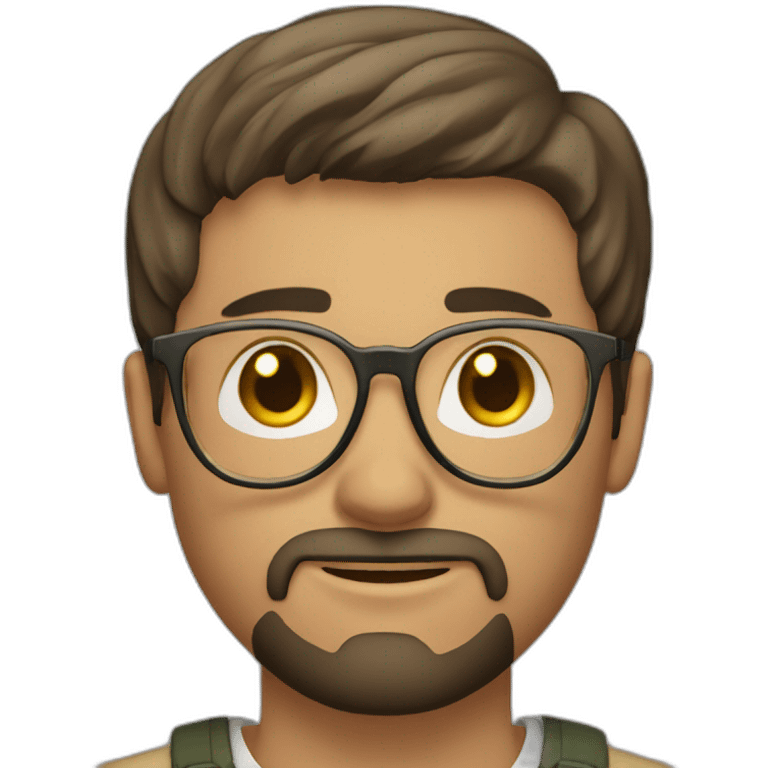 young white man with short dark straight hair and small beard with rounded gold glasses emoji