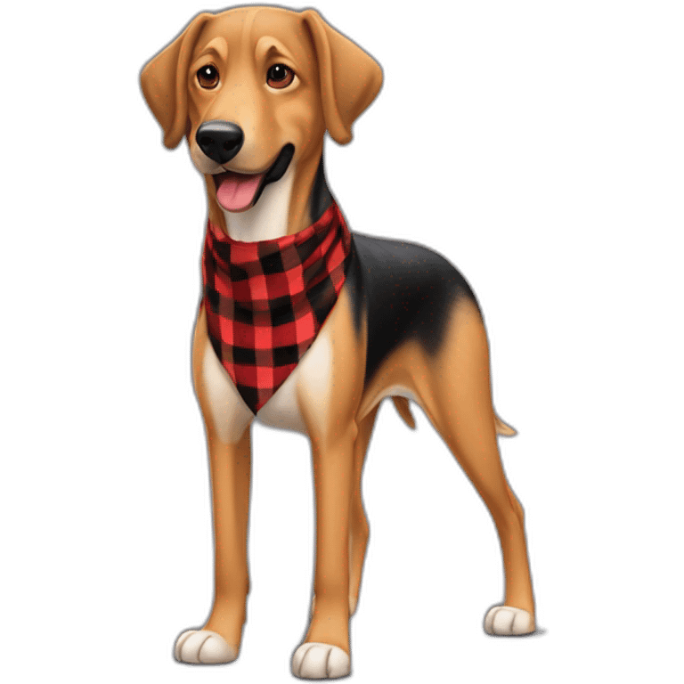 adult 75% Coonhound 25% German Shepherd mix dog with visible tail wearing small pointed red buffalo plaid bandana full body walking left quickly emoji