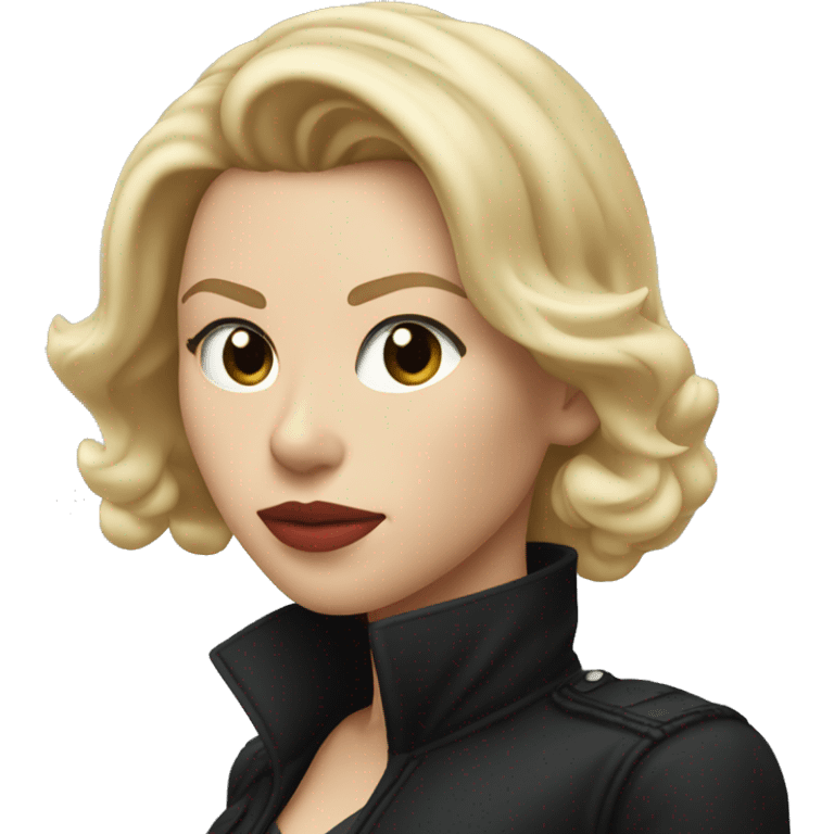 blonde Scarlett Johansson in black jacket pointing forward emoji