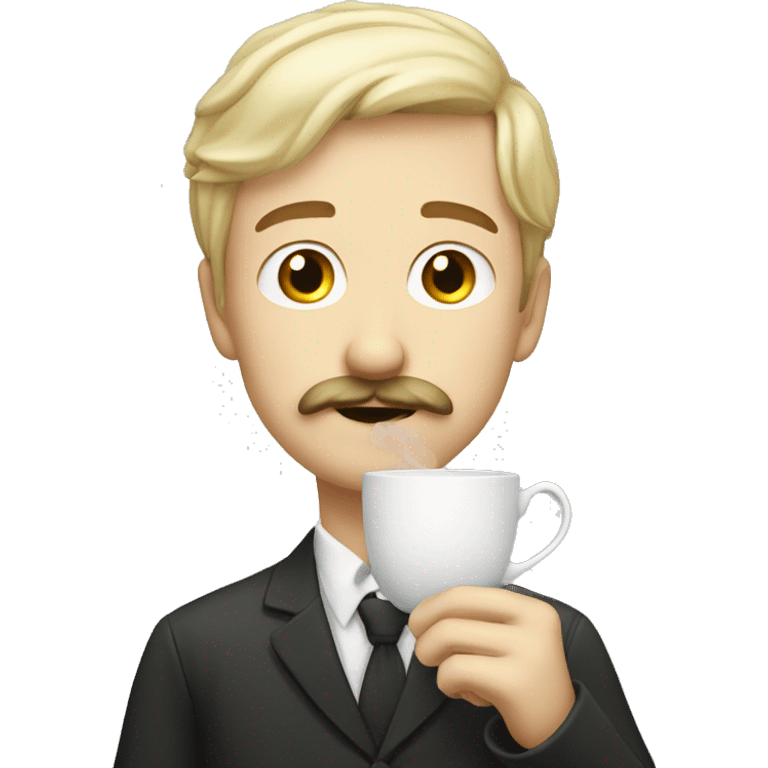 white blond boy with a mustache waiting with a tea emoji