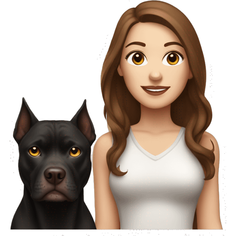 white woman with long brown hair and cat shaped eyes standing alongside a black pitbull  emoji