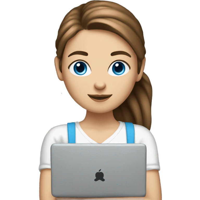 caucasian white IT girl student, holding laptop, blue eyes, brown hair ponytail emoji