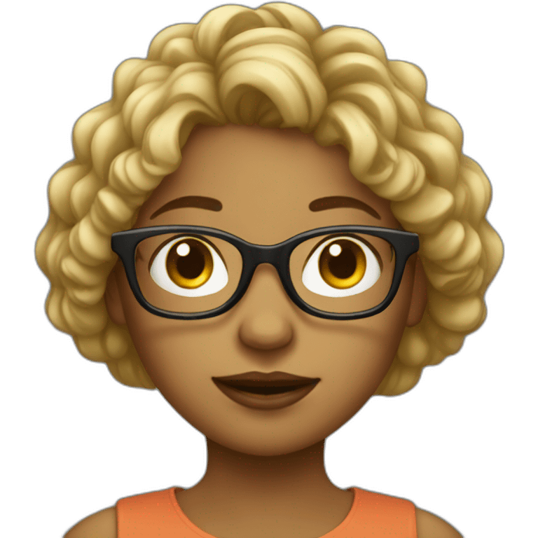 Girl with hair and glasses works at laptop emoji