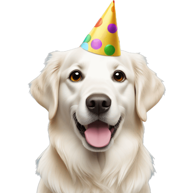 White golden retriever wearing multicolor party hat emoji