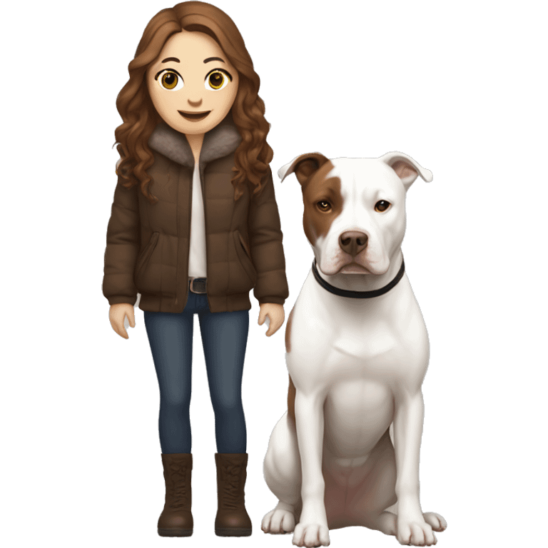 white woman with long brown hair in a furry jacket standing alongside a white pitbull emoji