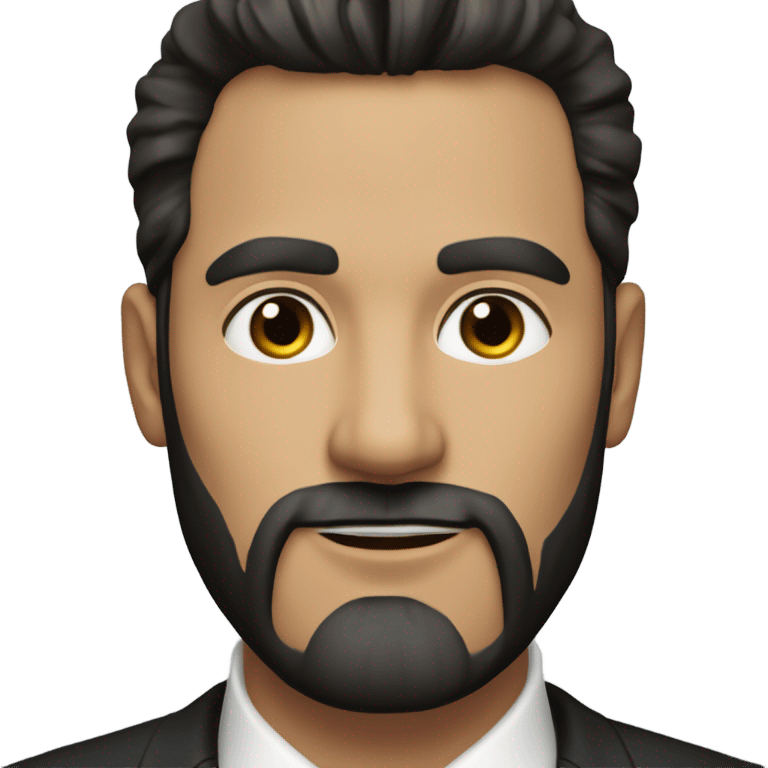 A man in late 30s with dark brown hair and dark brown eyes and a black suit and straight hair to the right and beard emoji