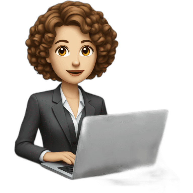 White woman with long curly brown hair, wearing a classic suit, working on a laptop emoji