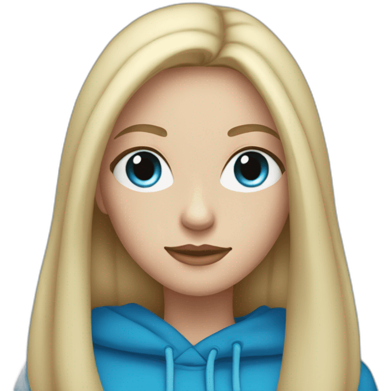 White woman with long black straight hair and blue eyes with long eyelashes and blue hoodie emoji