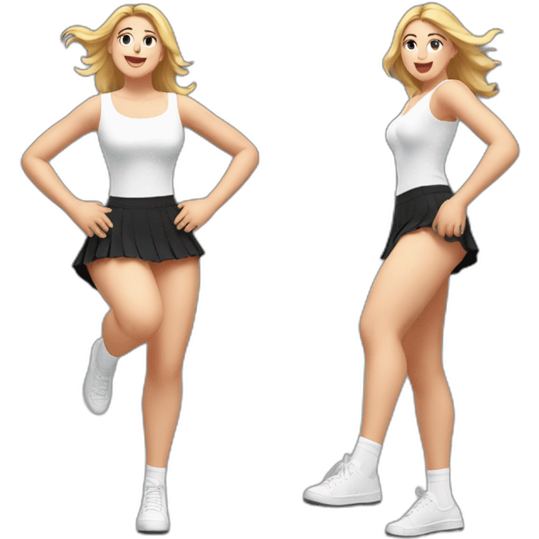 full-body-caucasian-curvy-beauty-jumping-short-black-skirt-back-and-front-views-strong-wind-white-knickers-long-white-socks emoji