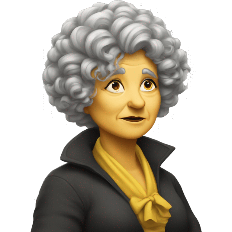 old, curvy woman, hufflepuff, grey and curly and wild hair, madame sprout, not amused emoji