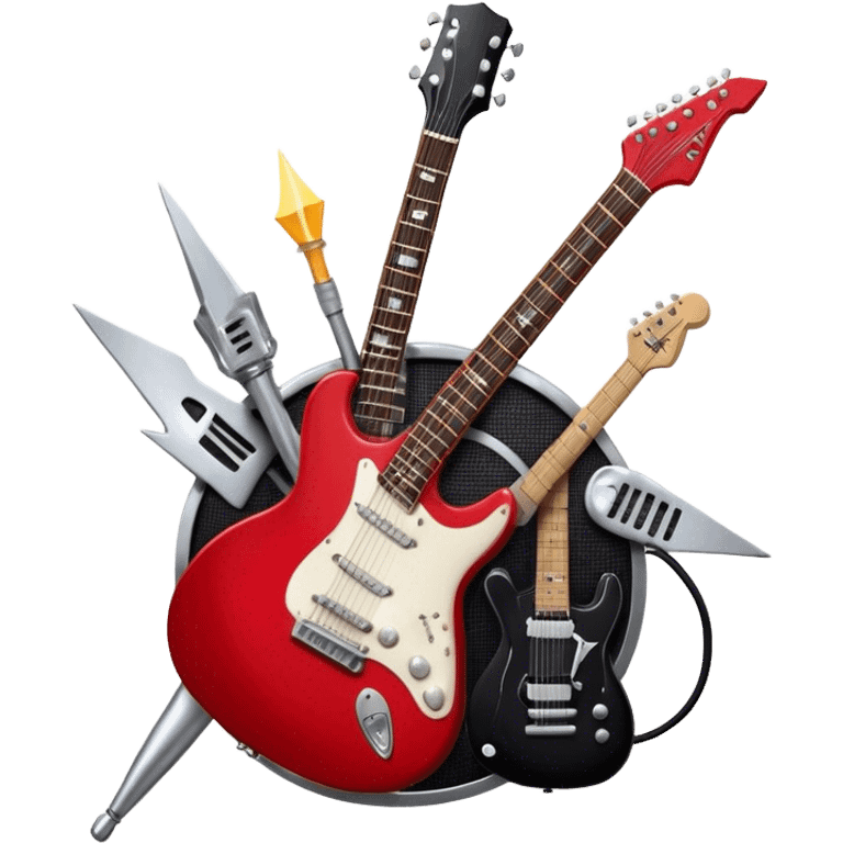 Create a bold and dynamic emoji representing rock vocal performance in a humanless collage. The design should feature a vintage microphone at the center, surrounded by key rock elements like an electric guitar, drumsticks, and a guitar pick. Include symbols of energy, such as lightning bolts or flames, and subtle musical notes or sound waves to evoke the raw power of rock vocals. Use dark, bold colors like black, silver, and red, with hints of chrome or metallic accents to convey the edgy, rebellious spirit of rock music. The background should be transparent. emoji