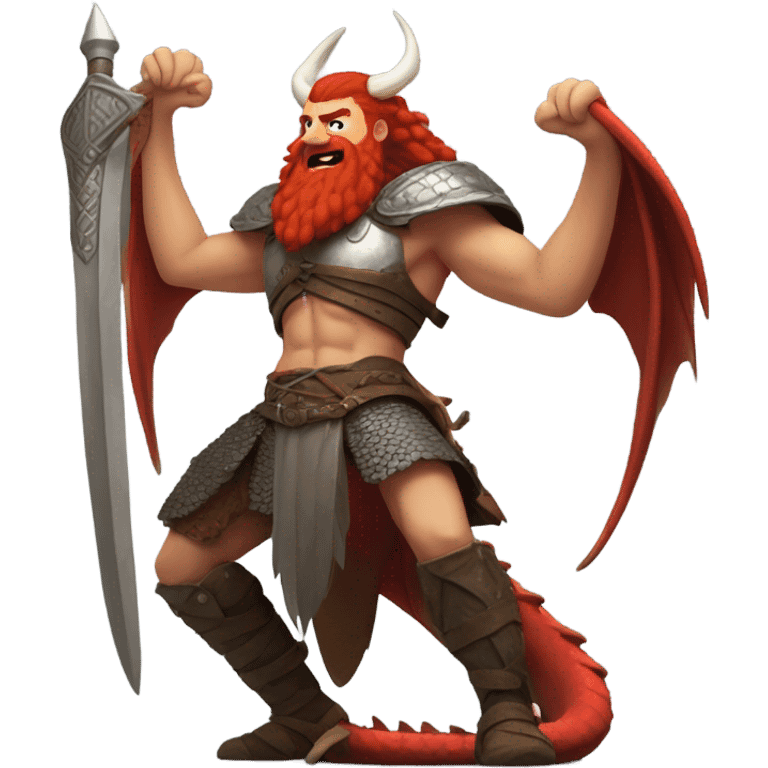 Viking red head beautiful  dragon queen with a slain Viking solder with a man bun standing on a dragon flying over a volcano in a beautiful sky emoji