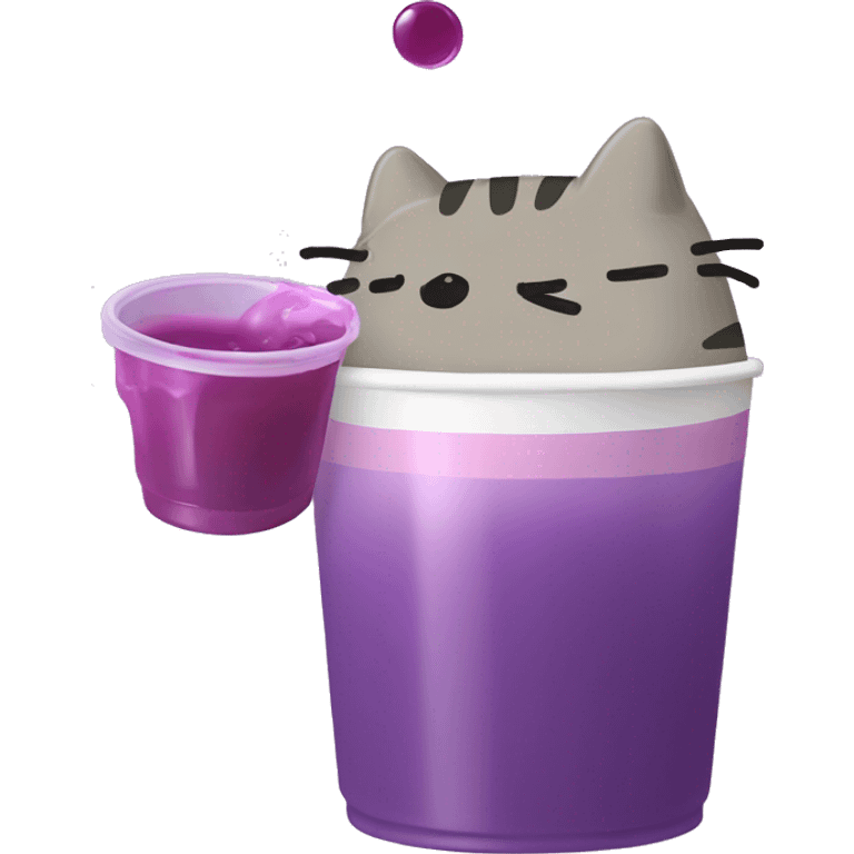 Pusheen drinking purple syrup from styfoam double cup emoji