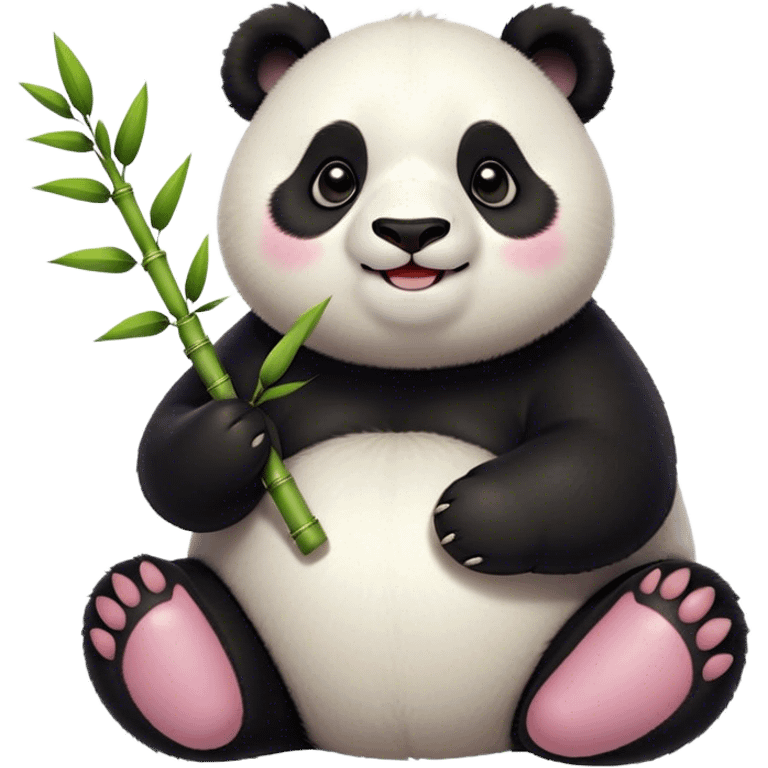 Cinematic smiling chubby panda, fluffy black and white fur, round rosy cheeks, tiny paws holding a bamboo shoot, sparkling eyes full of joy, soft glowing background, irresistibly huggable. emoji