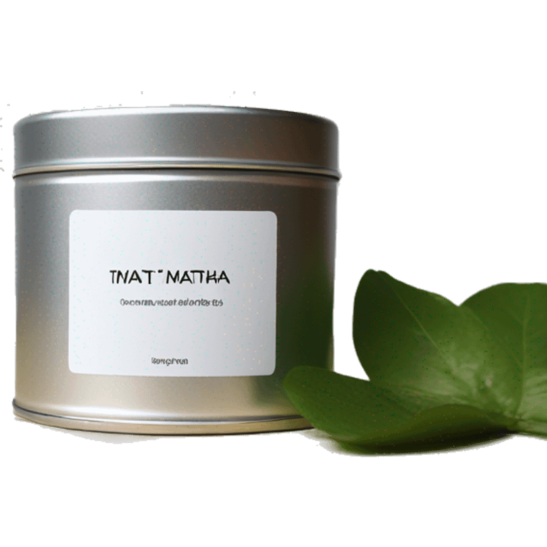 minimal matcha scented candle in small silver tin with realistic label emoji