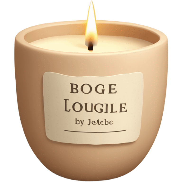 candle in a cream vessel that has a label That says bougie by Joëlle in clay color emoji