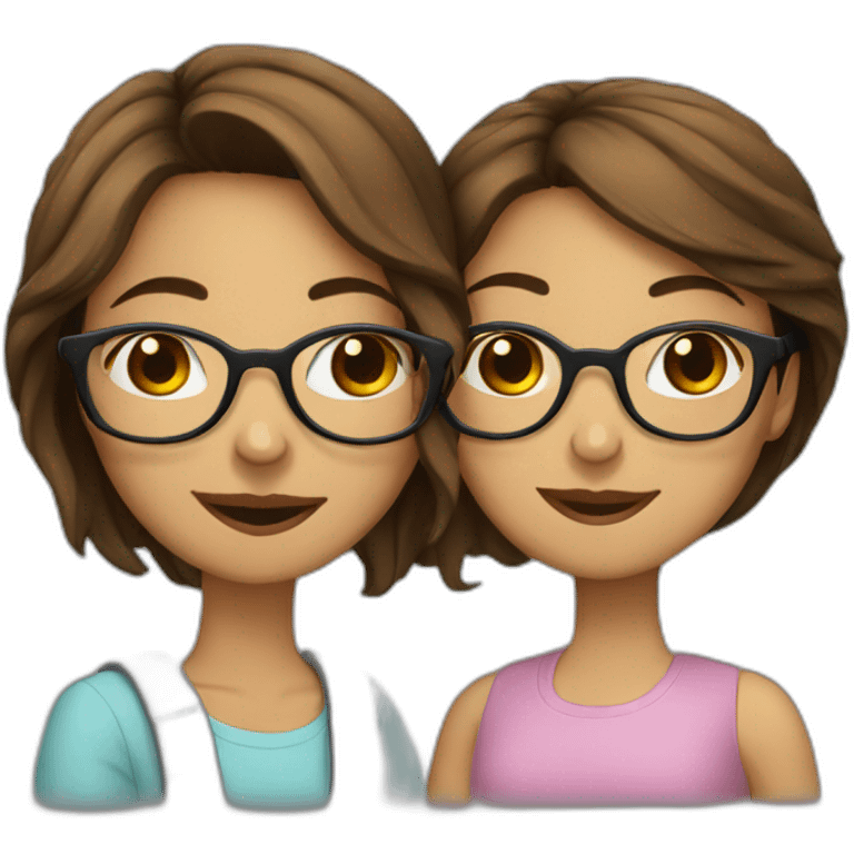 two brown-hair girls with glasses kissing emoji