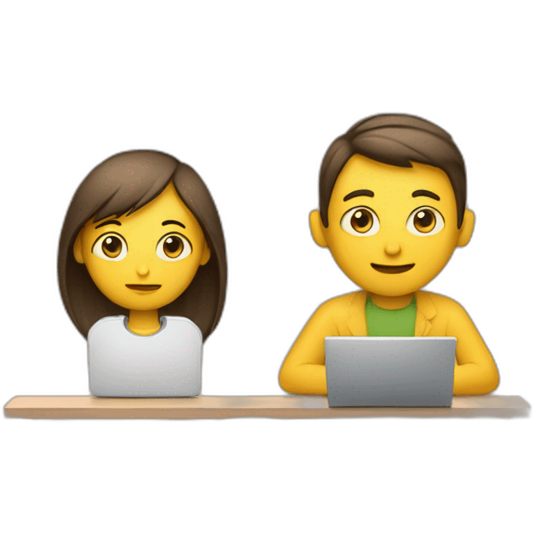 one person with laptop, another person observing emoji