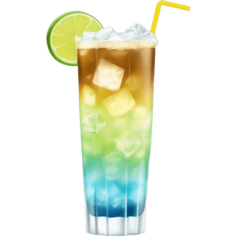 a tall and thin highball cocktail with 2 colors, brown on the bottom and light yellow on top with crush ice and a straw, juste one drink, clear separation between colors, grated lime on top of ice, really thin crushed ice emoji