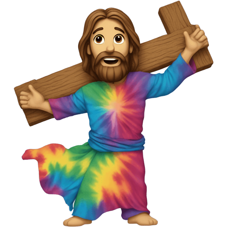 Jesus carrying a giant wooden cross that is rainbow colors like rainbow colors tiedye patterned on the entire cross  emoji