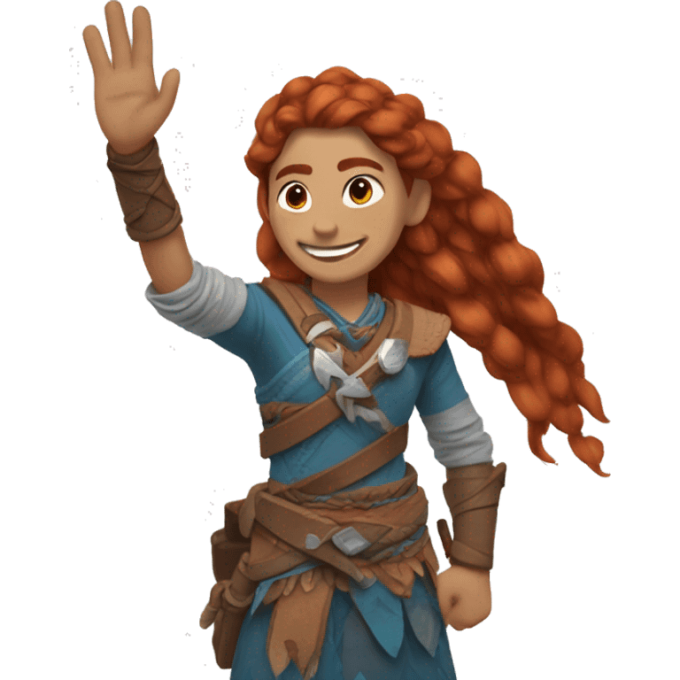 Aloy, waving goodbye, with one hand who has five fingers, half-length, smiling, low pixel emoji