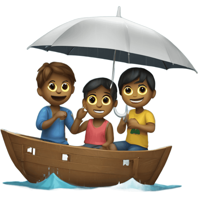 3 kids with a umbrella playing with a paper ship in the rain emoji