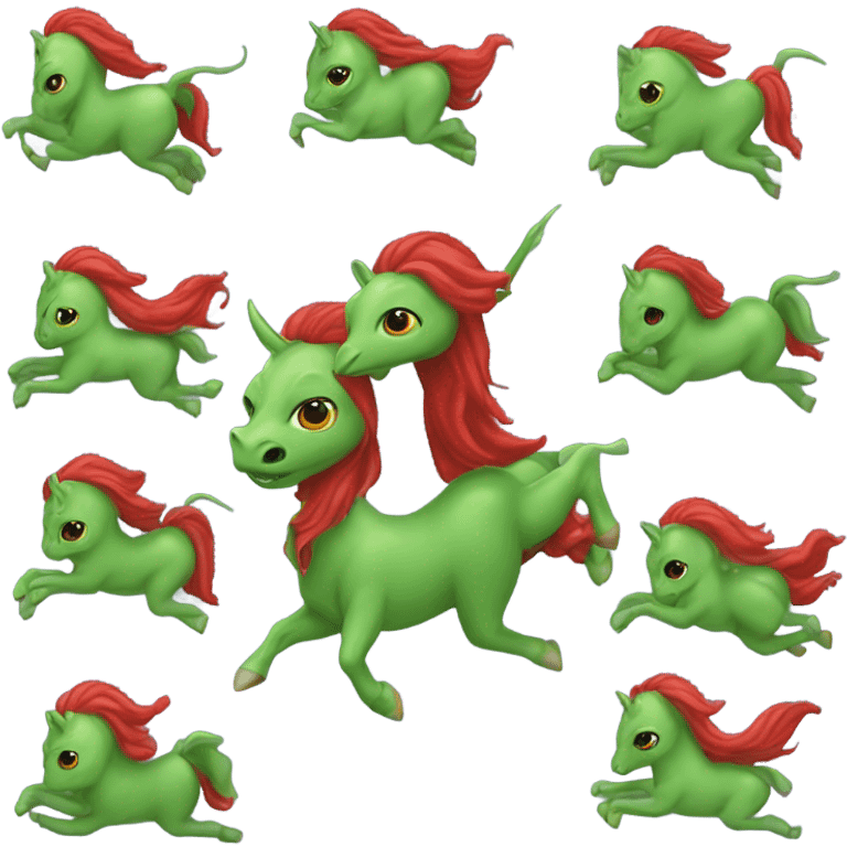 a green amazon alien woman on a four-legged red unicorn emoji