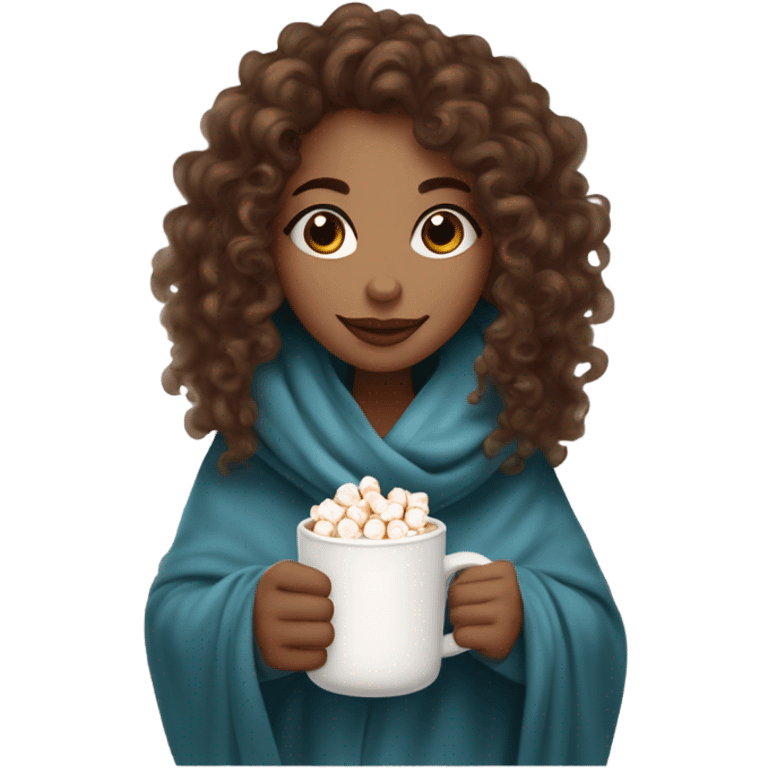 Light skin girl with brown curly hair under our blanket, make it so you can see the curly hairsipping hot cocoa with marshmallows, cuddled around the blanket, long curly hair, long, medium lashes emoji