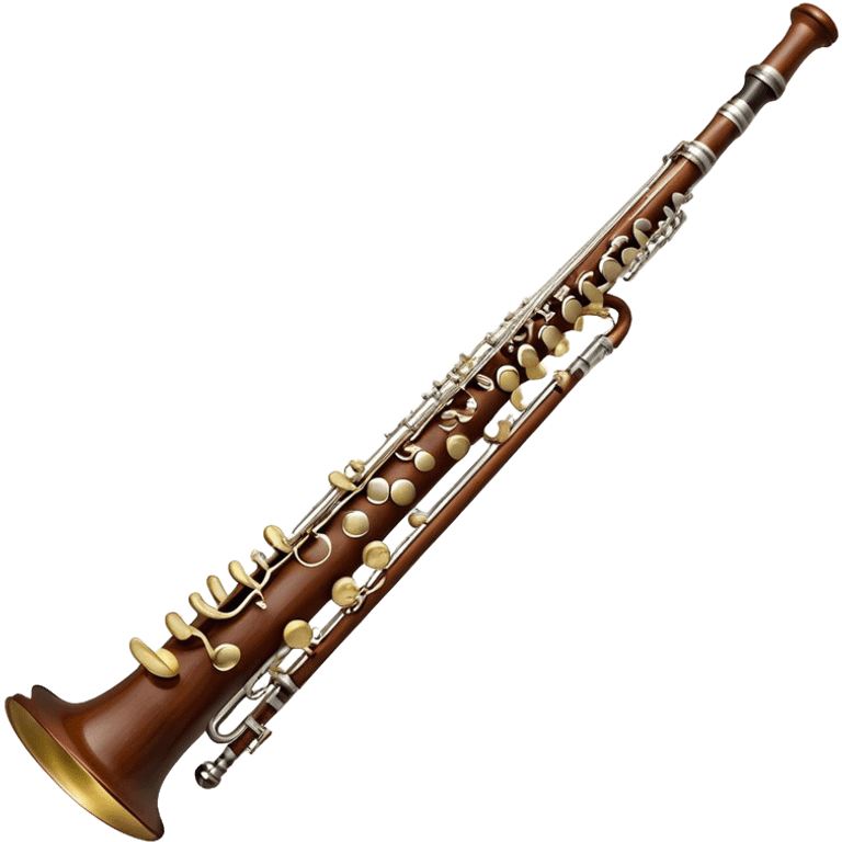 Create a detailed and elegant emoji representing a professional bassoon Oscar Adler. The design should showcase the long, slender wooden body of the bassoon with its distinct curves and metal fittings. Highlight the keywork and metal rings around the joints, with subtle light reflections on the wood to give it a polished appearance. The top of the bassoon should have the characteristic metal bell, and the reed should be clearly visible at the mouthpiece. Use warm wood tones like deep brown and mahogany for the body, with silver or brass accents for the metal parts. Add soft musical notes or soundwaves around the instrument to evoke its rich, deep sound. The background should be transparent. emoji