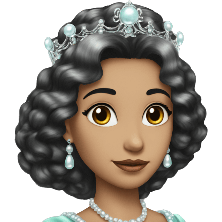 Regal pretty lady cheekbones crown vintage with very long iridescent black and silver hair wavy black hair pearl crown iridescent emoji