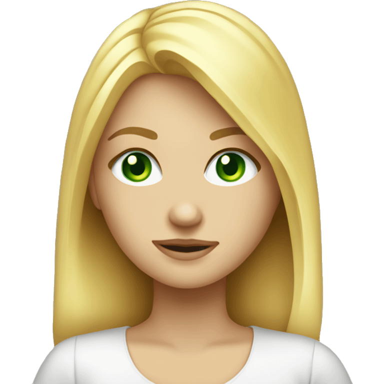 A beautiful blonde girl with green eyes is sitting at a laptop, ios-style emoji emoji