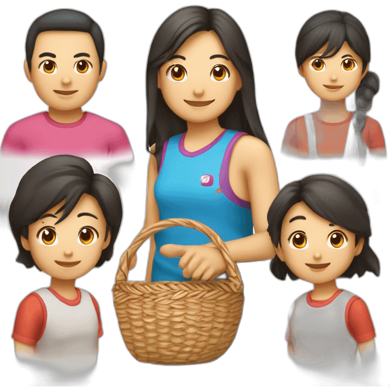 Famille 4 personne 1 fils aîné qui fait du basket fille cadette au cheveux long 1 père asiatique 1 mère emoji