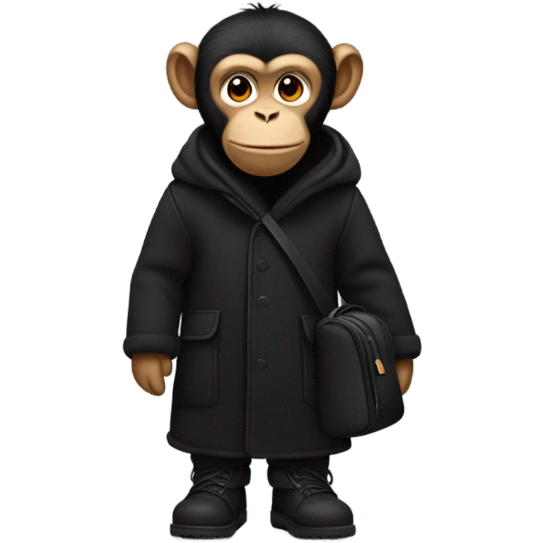 Monkey wearing black wool coat black ugg boots black backpack emoji