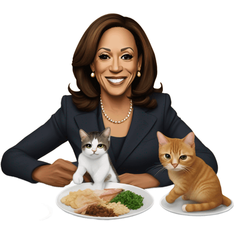 Kamala Harris is sitting at a table with a cat laying down on a plate. Kamala has silverware in her hand and her mouth is watering. emoji