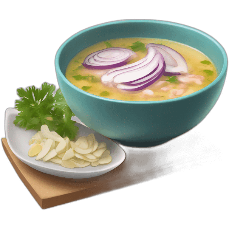 hot soup with the following ingredients sliced red onions, albacore, coriander and yucca emoji