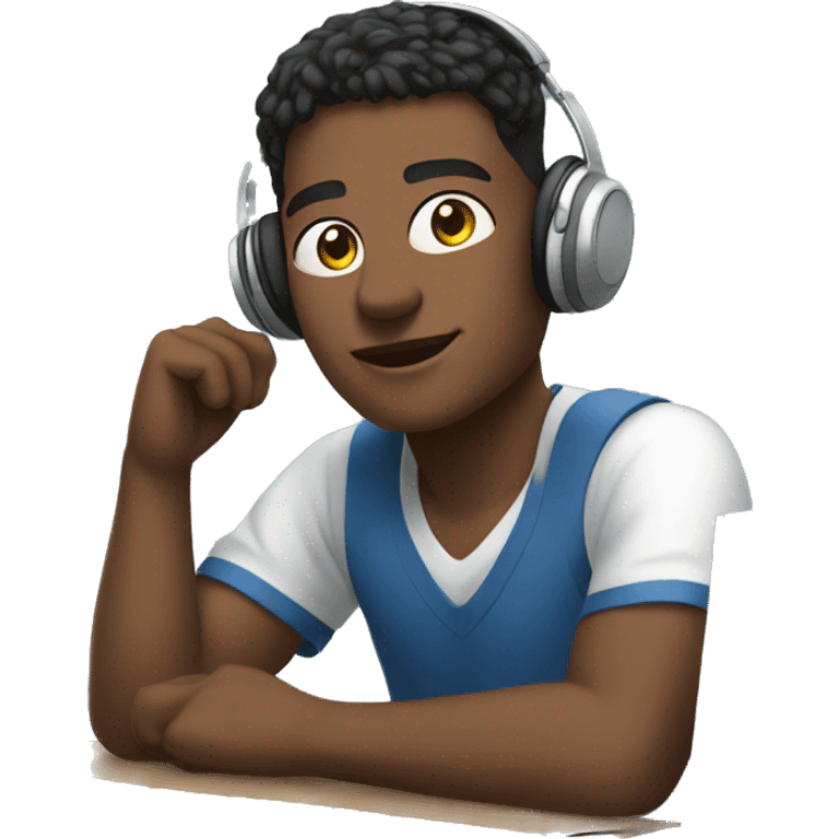 young men sitting in front of a computer with headphones on emoji