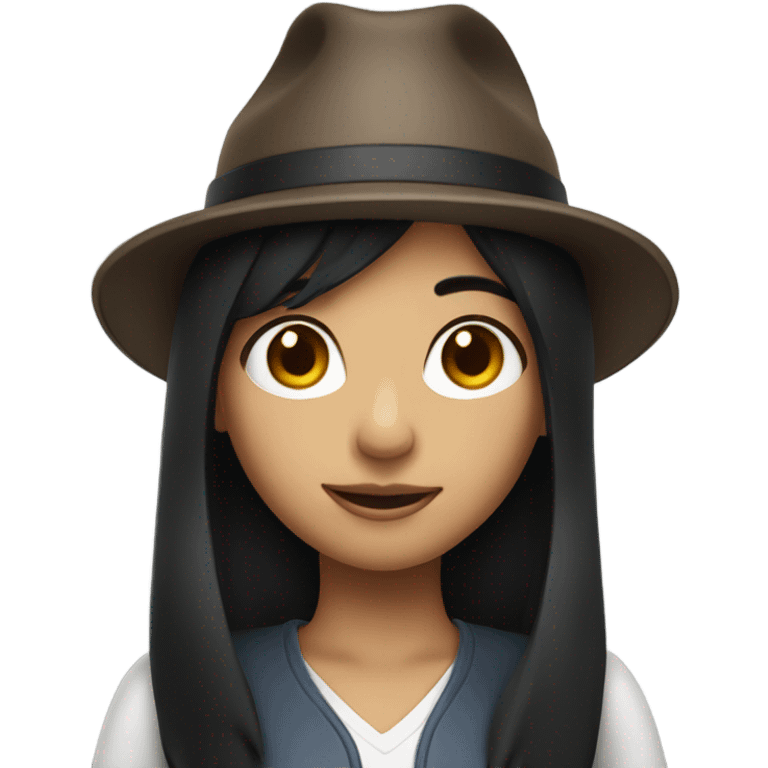 girl with black hair wearing hat holding camera emoji