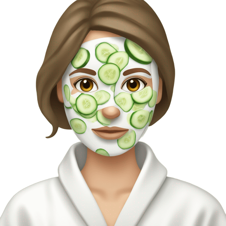 White girl with Brown hair and blue eyes wears a Green colored skincare clay textured mask and puts on cucumbers around her eyes while She relaxes in her white Robe emoji