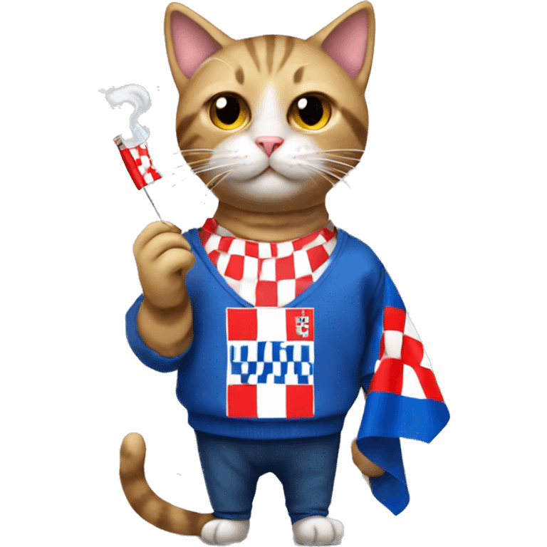 cat holding a croatian flag while smoking a cigarette  emoji