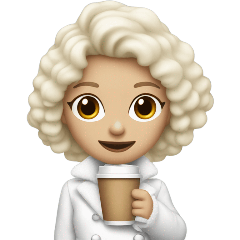 blonde girl wearing white fluffy jacket and a coffee to go in hand all dress white emoji