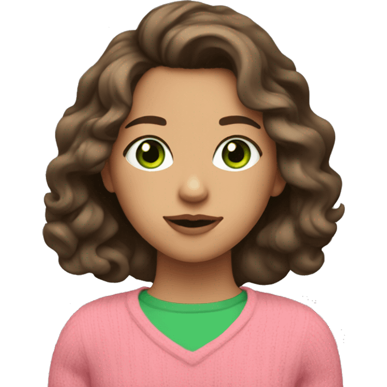 Brunette girl with wavy hair and green eyes and pink sweater emoji