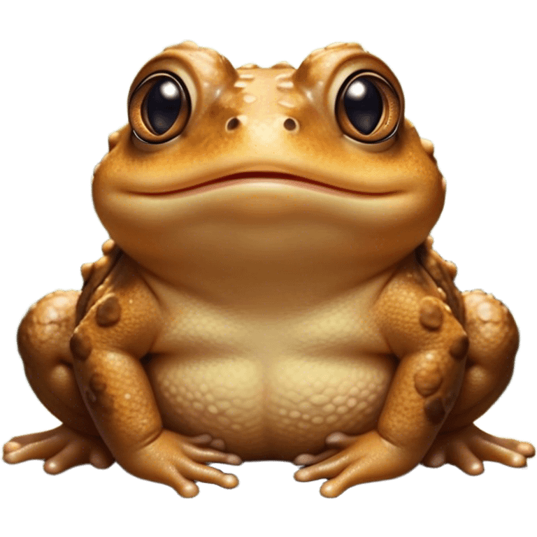 Cinematic Cute Toad Portrait Emoji, Head tilted playfully and inquisitively, featuring a charmingly plump form with bumpy, textured skin in rich earthy hues and round, sparkling eyes full of gentle mischief, Simplified yet irresistibly adorable features, highly detailed, glowing with a warm, friendly woodland glow, high shine, affectionate and lively, stylized with a touch of whimsical nature charm, soft glowing outline, capturing the essence of a mischievous yet loving toad that seems as if it could hop out of the screen into your arms! emoji