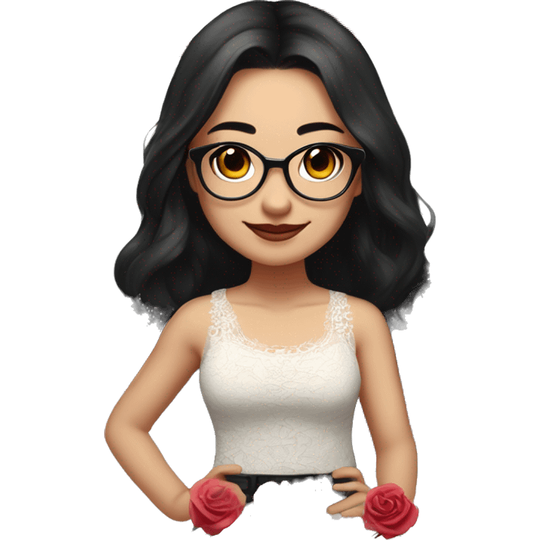 Asian girl, smiling with teeth and dimples on the cheeks, fair skin, black long hair, black eyes, black glasses with gold frames, red lipstick, wearing a white lace tank top and a black office jacket on top, with pink and red roses around her, chibi. emoji