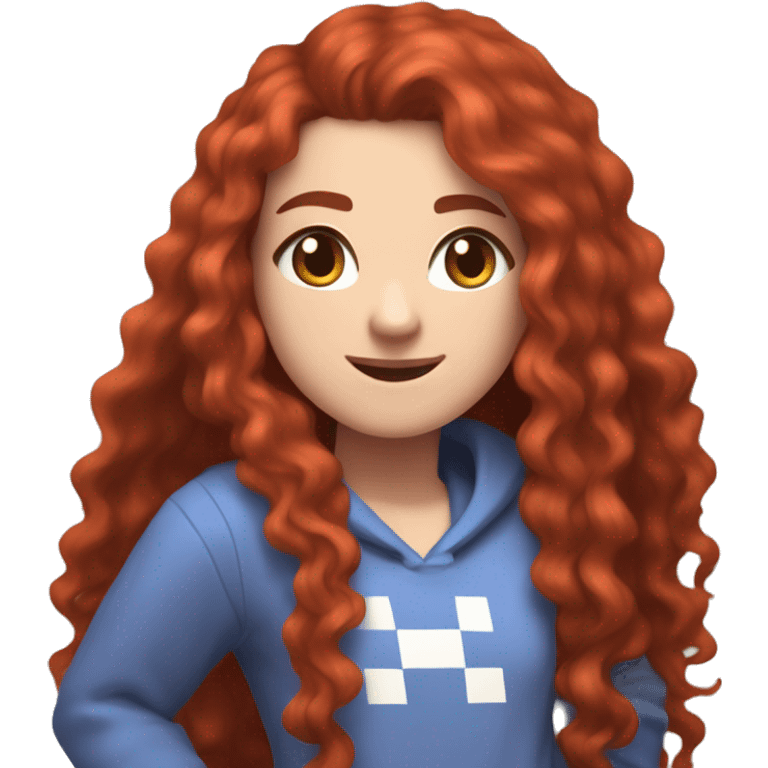 a white girl with long red curly hair and freckles, wearing periwinkle Minecraft hoodie playing a videogame smiling emoji