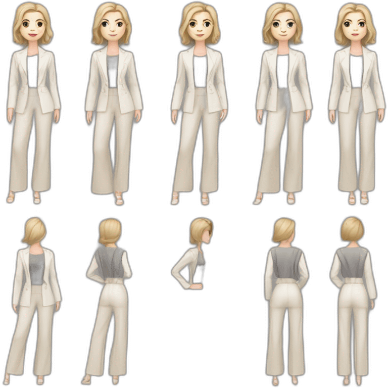 pale skin woman with ash blonde Straightened bob Hair, White Spacious classical jacket, beige palazzo Arrow pants and gray blouse holding a color palettes in the hands emoji