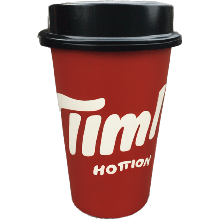 “Red Tim Hortons coffee cup with large white ‘Tim Hortons’ logo in script, black plastic lid, and a simple, clean design.” emoji