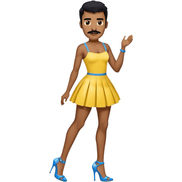 Man in a yellow mini skirt dress and blue strappy high heels with black hair and black mustache and brown skin emoji