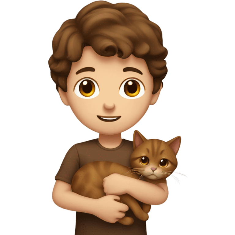 a boy with brown hair and brown eyes holding a brown cat emoji