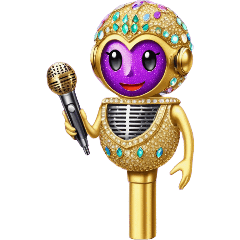 Create a glamorous and vibrant emoji representing stage vocal performance. The design should feature a humanless collage of classic vintage microphone, stage costume covered in rhinestones, sparkling brightly. The costume should be stylized, with glittering elements like sequins and sparkles, and reflect the glitzy, extravagant nature of show business. The microphone should have a sleek, retro look with chrome or metallic accents. Use rich, dazzling colors like gold, silver, deep purple, and bright red to evoke the glamorous, larger-than-life feel of a stage performance. The background should be transparent. emoji